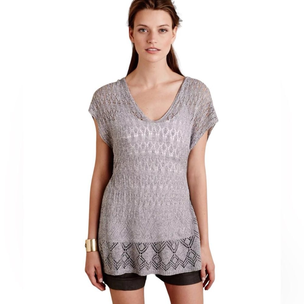 Anthropologie Hooded Linen/Cotton Pointelle Pullover by Moth in Slate Size M